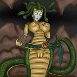 anthro areola big_breasts breasts female inverted_nipples lamia medusa_(smite) mjgart naga nipples nude pussy smite solo