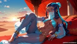ai_generated alternate_costume arabian_clothes armlet balecxi black_hair blue_eyes blue_hair bracelet breasts bridal_legwear dancer dark-skinned_female detached_sleeves eyeshadow feet female hair_bun harem_outfit harem_pants hoop_earrings jewelry knee_up long_hair looking_at_viewer lying makeup mouth_veil nail_polish navel nessa_(pokemon) pants patreon_username pokemon pokemon_ss see-through smile solo toeless_legwear toenail_polish toenails toes two-tone_hair
