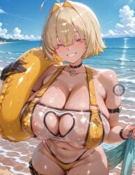 ai_generated bangs bangs_over_eyes beach big_breasts bikini blonde_hair blush breasts breasts_bigger_than_head chubby chubby_female cleavage collar covered_nipples curvy curvy_figure elegg_(boom_and_shock)_(nikke) elegg_(nikke) female gloves goddess_of_victory:_nikke holding huge_breasts huge_thighs illyfurina large_breasts looking_at_viewer navel open_mouth pixai purple_eyes seducing seduction seductive seductive_body seductive_eyes seductive_gaze seductive_look seductive_mouth seductive_pose seductive_smile short_hair smile smiling smiling_at_viewer stable_diffusion swimsuit tease teasing teasing_viewer teeth thigh_strap thighs waist