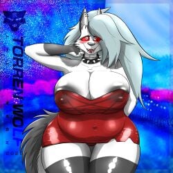 1girls big_areola big_belly big_breasts big_thighs blush blushing dress furry loona_(helluva_boss) red_sclera solo solo_female solo_focus tagme torren_wolf white_body white_fur white_pupils