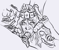 crown cum cum_in_mouth elden_ring fellatio godrick_the_grafted gripping_hair handjob looking_up male_only multi_hand multiple_handjob multiple_penises penises_everywhere semen_in_mouth solo_focus sucking theelderscrot_(artist) theelderscrotes_(artist)