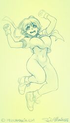 breasts female fingerless_gloves footwear full_body handwear headband headwear human in_air jump large_breasts melkor_mancin monochrome no_panties pale_skin sakura_kasugano serafuku short_hair sketch solo street_fighter