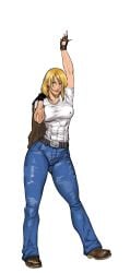 1girls abs airborne athletic_female blonde_female blonde_hair blue_eyes bob_cut erect_nipples fatal_fury fatal_fury:_city_of_the_wolves female female_terry fingerless_gloves fit_female garou:_mark_of_the_wolves genderswap_(mtf) gloves holding_jacket jeans king_of_fighters leather looking_at_viewer mature_female megaween muscular muscular_female nipple_erection rule_63 shirt shoes short_hair simple_background sneakers snk snk_heroines:_tag_team_frenzy tagme terry_bogard