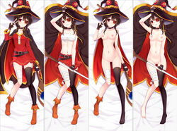 alternate_breast_size bakugadou bandaged_leg bandages belt black_hair black_legwear blush boots breasts cape collar daki-makura dakimakura dakimakura_design dress eyepatch female fingerless_gloves full_body gloves hat innie_pussy kono_subarashii_sekai_ni_shukufuku_wo! looking_at_viewer lying medium_breasts megumin multiple_views naked_cape nipples on_back pussy red_eyes sarashi short_hair single_thighhigh smile staff thigh_gap thighhighs torn_clothes torn_dress uncensored witch_hat