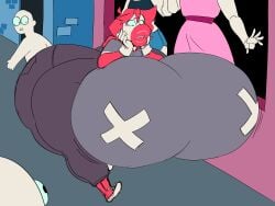anon ass big_lips breasts breasts elpiromanias gloves huge_ass huge_breasts lips original_character staring unknown_character wide_hips worried