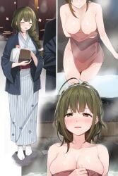 ahoge bare_arms bare_legs bare_shoulders bare_thighs big_ big_breasts blush braid braided_ponytail breasts brown_eyes cleavage closed_eyes collarbone convenient_censoring feet fpanda green_hair groin hot_spring idolmaster idolmaster_shiny_colors japanese_clothes kimono kuwayama_chiyuki long_hair long_sleeves naked_towel onsen outdoors parted_lips partially_submerged shiny_skin socks thighs towel towel_only water white_socks yukata