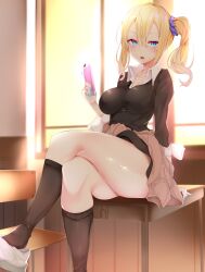 1girls :o arm_support black_school_uniform black_uniform blank_expression blank_eyes blank_stare blonde-haired_female blonde_eyebrows blonde_female blonde_hair blonde_hair_female blue-eyed_female blue_eyes blue_fingernails blue_nail_polish blue_nails busty busty_female busty_girl busty_teen crossed_legs crossed_legs_(sitting) emotionless female female_only fingernails gogoborunga hayasaka_ai high_school_student high_school_studentuniform indoor indoors kaguya-sama_wa_kokurasetai_~tensai-tachi_no_renai_zunousen~ legs_crossed nail_polish nails neutral_expression open_mouth parted_lips ponytail school_girl school_uniform shuuchiin_academy_school_uniform shuuchiin_academy_uniform side_ponytail sitting sitting_on_ass sweater sweater_around_waist teen_girl teenage_girl teenage_tits teenager tongue watson_cross young_female young_woman