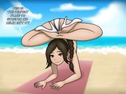 2d ass ass_focus avatar_the_last_airbender beach beach_towel breasts brown_hair dialogue female flexible high_heels hyoreisan legs_above_head nickelodeon ponytail scantily_clad smile tagme ty_lee white_heels