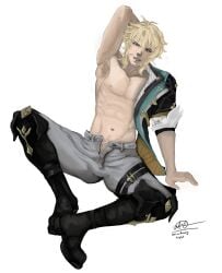 1boy armpit_fetish armpit_hair armpits arms_up blonde_hair blue_eyes genshin_impact light-skinned_male male male_only muscular pants_open pubes pubic_hair shirtless shirtless_male smile smiling solo varka_(genshin_impact)