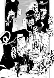 1boy 5girls asahina_yoshitoshi blue_archive blush bottomless female female_masturbation fingering greyscale halo hat heart highres kissing long_hair long_sleeves lying male masturbation monochrome multiple_girls neckerchief on_stomach open_mouth prefect_team_member_(blue_archive) sensei_(blue_archive) sex shirt speech_bubble spoken_heart straight tongue tongue_out translation_request
