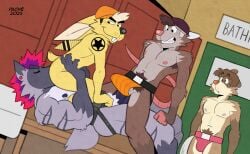 absurd_res american_opossum anal anthro armpit_hair ass balls body_hair bottomwear clothing digital_media_(artwork) erection fur genitals group hair hat headgear headwear hi_res humanoid_genitalia humanoid_penis hyena jockstrap lagomorph leydon locker_room male male/male male_penetrated male_penetrating male_penetrating_male mammal marsupial muscular muscular_male nipples oral penetration penis piercing pubes pubes_exposed rimming sex smile striped_hyena tadaoardo tattoo trio underwear virginia_opossum voyeur