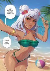 1girls armpits arms_up bangs beach beach_ball big_earrings blush bracelet breasts curvy earrings eyelashes female flat_belly flower flower_in_hair freckles freckles_on_chest freckles_on_face fringe high_resolution highres league_of_legends league_of_legends:_wild_rift lips long_fingernails long_nails makeup mambolina ocean palms patreon patreon_reward patreon_username qiyana_yunalai sea seaside selfie sexy skinny slim slim_waist small_breasts smirk smug smug_face speech_bubble sweat sweatdrop sweating sweaty swimsuit text text_bubble thick_ass thick_thighs thighs tummy water_drop watermark wave wet wet_body white_hair
