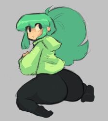 big_ass black_legwear feet female female_only gazoogaloo green_hair hoodie hyla leggings light-skinned_female ponytail solo solo_female tight_clothing