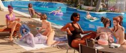 big_breasts big_butt birthday birthday_cake blue_skin brigitte brown_body brown_hair brown_nipples cake d.va erotichris korra_amari mei_(overwatch) mercy original_character overwatch overwatch_2 overweight pharah pink_hair pool public public_nudity sombra summer sunglasses sunglasses_on_head swimming_pool topless topless_female tracer widowmaker yuri yuri