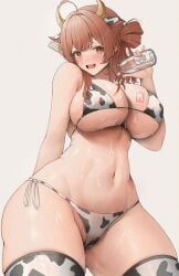 absurdres animal_ears animal_print bikini blush bottle breasts brown_eyes brown_hair bsmage cow_ears cow_horns cow_print cow_print_bikini cow_print_thighhighs curvy female gakuen_idolmaster grey_background hair_between_eyes hanami_ume highres horns idolmaster large_breasts long_hair looking_at_viewer milk milk_bottle open_mouth pouring pouring_onto_self print_bikini print_thighhighs side-tie_bikini_bottom simple_background solo standing swimsuit thick_thighs thighhighs thighs white_bikini