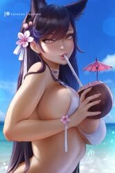 atago_(azur_lane) azur_lane beach big_breasts bikini blue_hair breasts coconut coconut_drink female hair_ornament long_hair olchas petals tagme white_bikini yellow_eyes