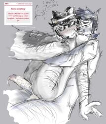 after_anal after_sex artist_request blue_hair blush carrying_partner chance_(forsaken) cum cum_drip cum_in_ass fedora forsaken_(roblox) grey_body grey_hair grin guest_(roblox) guest_1337_(forsaken) male naked naked_male tagme