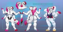 2023 2_heads 2_penises 4_arms 5_fingers anthro ass balls big_breasts black_nose black_sclera blue_eyes bottomwear breasts bulge claws clothing digital_media_(artwork) digitigrade dipstick_tail ear_piercing erection fingers footwear front_view fur futanari genitals hair hi_res hyena intersex looking_at_viewer lunar-haven-studios mammal markings model_sheet multi_arm multi_genitalia multi_head multi_limb multi_penis nipples nude pants penis piercing pink_hair rear_view red_hair seehera shirt shoes simple_background smile solo standing tail tail_markings topwear trans_(lore) trans_woman_(lore) tusks white_body white_fur white_hair zanuka_(ungoliant)