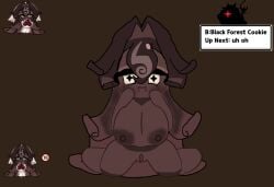 big_breasts black_forest_cookie brown-haired_female brown_hair brown_nipples caramelpearl_(artist) cookie_run cookie_run_kingdom cute dark-skinned_female long_hair on_knees simple_background tagme unique_eyes