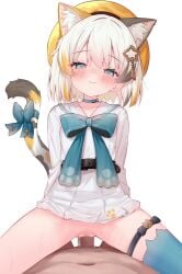 1boy animal_ear_fluff animal_ears belt black_belt black_hair blue_bow blue_bowtie blue_choker blue_eyes blue_thighhighs blush bow bowtie breasts cat_ears cat_girl cat_tail censored choker closed_mouth clothes_lift commentary_request cowgirl_position cowgirl_position dress dress_lift eip_(pepai) extra_ears female hair_ornament hat highres long_sleeves looking_at_viewer mosaic_censoring multicolored_hair original paid_reward_available penis pov pov_crotch pussy sailor_collar sailor_dress sex short_dress short_hair simple_background single_thighhigh small_breasts smile star_(symbol) star_hair_ornament straddling straight streaked_hair tail tail_bow tail_ornament thighhighs vaginal_penetration white_background white_dress white_hair white_sailor_collar yellow_hat