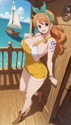ai_generated big_ass big_breasts breasts female meowlucy nami_(one_piece) ocean one_piece orange_hair pirate pirate_girl pirate_ship standing tattoo