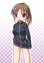 bandaid_on_pussy bare_legs bottomless female female gradient gradient_background long_sleeves naked_track_jacket no_panties no_pants saki solo takakamo_shizuno white_background