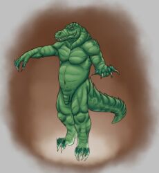 abstract_background aduran anthro belly big_belly claws crocodile crocodilian flaccid foreskin full-length_portrait genitals green_body green_scales long_foreskin male male_anthro mouth_closed muscular muscular_anthro muscular_male narrowed_eyes navel nude overweight overweight_anthro overweight_male pecs penis portrait reptile scales scalie sharp_teeth solo standing teeth toe_claws uncircumcised