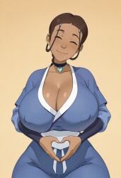 :) ai_generated avatar_legends avatar_the_last_airbender big_breasts braided_ponytail breasts brown-skinned_female cleavage clothed clothes dark-skinned_female dark_skin female female_focus female_only hair_loopies happy happy_female heart heart_hands huge_breasts katara large_breasts simple_background smile smiling solo solo_female solo_focus tied_hair top_heavy tribal tribal_necklace water_tribe wide_hips