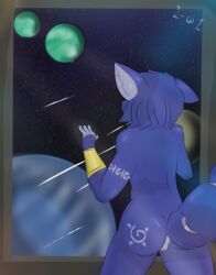 2016 4_fingers anthro ass blue_fur blue_hair canine clothing colored detailed_background e-01_(artist) female fox fur hair krystal mammal nintendo nude planet pussy shaded solo space star star_fox video_games white_fur window