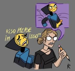 author begging blush crying dialogue dialogue_bubble female female_artist female_with_glasses glasses_on_face humor humor_porn lego male male_focus master_frown no_source pencil risobase tagme unikitty! violet_backround white_glasses