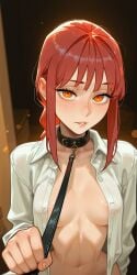 1girls ai_generated bangs biting_lip bottomless braid breasts chainsaw_man cleavage collar covered_nipples female holding_leash horny indoors leash leash_pull leather_collar long_hair long_sleeves looking_at_viewer makima_(chainsaw_man) naked naked_shirt offering open_shirt orange_eyes perfect_body pov red_hair ringed_eyes sidelocks skinny small_breasts suggestive unbuttoned