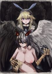 2girls absurdres alice_(black_souls) animal_hands big_boobs big_breasts big_tits bird_legs black_bow black_bowtie black_hair black_souls black_souls_2 blonde blonde_female blonde_hair blonde_hair_female blue_eyes blue_hairband boobs bow bowtie breasts claws closed_mouth dress feathered_wings grey_hair hair_between_eyes hair_ornament hairband hairclip half-harpy head_wings heterochromia highres holding huge_boobs huge_breast huge_tits jubjub_(black_souls) large_boobs large_breasts large_tits long_hair looking_at_viewer massive_boobs massive_breasts massive_tits monster_girl multicolored_hair multiple_girls nipples no_bra no_clothes nude nude_female parted_lips red_eyes ropeperson smile split-color_hair tits two-tone_hair wings yellow_eyes