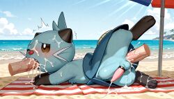 accessory ai_generated anal beach beach_towel blush bodily_fluids cock_ring cum cum_in_mouth cum_inside cum_on_face deep_penetration dewott fangs feral frown generation_5_pokemon genital_fluids genitals group jewelry lewt lying male male/male nintendo on_front one_eye_closed oral penetration penis penis_accessory penis_jewelry pokemon pokemon_(species) sand sea seaside size_difference stomach_bulge towel trio umbrella water