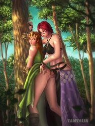 2girls against_tree blonde_hair bracelet breasts forest futa_on_female glasses large_breasts lips long_hair multiple_girls nature red_hair standing tree uncensored yuri
