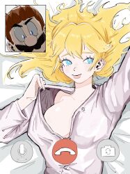 1boy 1girls bed_sheet blonde_hair blue_eyes blush breasts brown_hair cleavage closed_mouth clothing collarbone facial_hair fake_phone_screenshot female hair_spread_out large_breasts lips long_hair looking_at_viewer lying male mario mario_(series) moustache on_back princess_peach shirt smile teasing upper_body user_interface video_call white_shirt