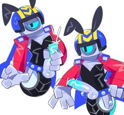black_pupils blue_eyes blush brawl_stars bunnysuit censored color cum emoji helmet holding_penis jerking_off male male_only penis pixiv robot robot_boy robot_penis stu_(brawl_stars) wan_txt wheel