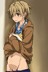 1boy blonde_hair ensemble_stars! jacket male_only mashiro_tomoya navel pants_pull penis solo taro_(610_uu)