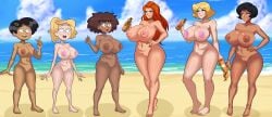 6girls alex_(totally_spies) amphibia anne_boonchuy anoneysnufftan beach black_hair blonde_hair blue_eyes breasts breasts_bigger_than_head brown_hair clover_(totally_spies) confrontation crossover dark-skinned_female dark_skin defeated disney disney_channel female green_eyes huge_breasts killer_lotion long_hair lotion lotion_bottle marcy_wu nail_polish nipples nude orange_eyes orange_hair peril pussy raydonxd sam_(totally_spies) sasha_waybright scared short_hair size_difference summer sunscreen totally_spies
