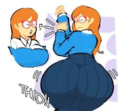 1girls ass ass_shot back back_view backboob big_ass blue_dress blue_shirt bottomwear breasts brown_hair close-up clothed clothing dress english english_text eyewear female female_only gungaporno hair huge_ass kindergarten_(game) kindergarten_3 large_ass long_hair looking_back mature mature_female motion_lines ms._lovelett musical_note onomatopoeia red_glasses shirt solo solo_female teacher teacher_outfit text topwear