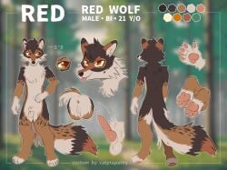 animal_genitalia anthro anus artist_name belly bisexual black_body black_fur canid canine canine_genitalia canis catptapathy cheek_tuft chest_tuft claws color_scheme digitigrade facial_tuft female fluffy fluffy_tail forest forest_background fur genitals hi_res knot knotted_penis male mammal markings model_sheet multiple_angles nature nature_background orange_eyes pawpads paws penis pink_pawpads pink_penis plant red_body red_fur red_wolf solo spots spotted_markings tail text tongue tongue_out tree tuft white white_body white_fur wolf yellow_sclera