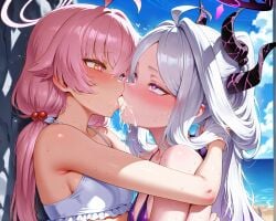 2girls ai_generated beach bikini bisexual bisexual_female blue_archive blush breasts cum cum_in_mouth cum_swap day female female_only halo heart-shaped_pupils heterochromia hina_(blue_archive) horns hoshino_(blue_archive) hug imminent_cum_swallow kissing long_hair pink_hair rock rolling_eyes sharing_cum silvesta small_breasts submissive submissive_female sweat sweating white_hair