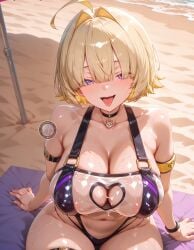 ai_generated bangs bangs_over_eyes beach beach_towel beach_umbrella big_breasts bikini blonde_hair breasts_bigger_than_head chubby chubby_female cleavage collar covered_nipples curvy curvy_figure elegg_(boom_and_shock)_(nikke) elegg_(nikke) goddess_of_victory:_nikke huge_thighs illyfurina jewelry large_breasts legs_together looking_at_viewer open_mouth pixai purple_eyes seducing seduction seductive seductive_body seductive_eyes seductive_gaze seductive_look seductive_mouth seductive_pose seductive_smile short_hair sitting_on_person smile smiling smiling_at_viewer stable_diffusion swimsuit tease teasing teasing_viewer thighs tongue tongue_out