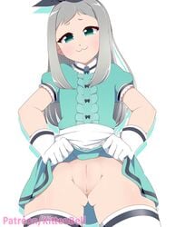 1girls 2018 :3 blend_s blue_dress blue_eyes blush blushing bottomless_skirt female female_only flashing flashing_pussy flat_chest genderswap genderswap_(mtf) gloves going_commando grey_hair hair_bow kanzaki_hideri kittenbell_(artist) lifting_skirt long_hair looking_at_viewer looking_down no_panties nudity patreon_url pussy rule_63 skirt skirt_lift skirt_up solo solo_female striped_legwear striped_thighhighs thighhighs underass upskirt vulva white_gloves