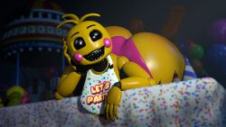 1girls 3d animatronic ass ass bib big_ass big_butt chickenchicalover female female_focus female_only five_nights_at_freddy's five_nights_at_freddy's_2 fnaf fnaf_2 indoors looking_at_viewer on_table open_mouth panties robot robot_girl smile smiling solo solo_female solo_focus table toy_chica_(fnaf) underwear