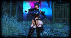 big_ass big_breasts breasts cat_girl catgirl corruption evil_smile female final_fantasy_xiv gpose(ffxiv) hero_turned_villian heroine_in_trouble miqo'te revealing_clothes venom warrior_of_light_(ff14)