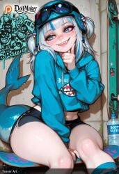 ai_generated animal_hood aqua_nails bangs blue_eyes blue_hair blue_hoodie blue_nails blunt_bangs blush dollmaker dollmaker_(artist) female fish_tail gawr_gura goggles green_nails heart hood hoodie looking_at_viewer multicolored_hair nail_polish navel patreon_username polearm shark_girl shark_hair_ornament shark_hood shark_tail sharp_teeth short_twintails shorts silver_hair sitting smile solo streaked_hair tagme tail teeth thighs two_side_up virtual_youtuber