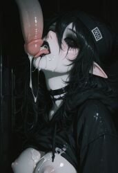 1boy 1girls ai_generated beanie black_eye black_eyes black_hair black_lips black_sclera blowjob breasts choker cock_worship cum elf_ears fellatio female goth goth_girl gothic gremmy gremmy(cult_of_gremmy) hoodie large_penis licking light-skinned_female long_hair male nipples original_character pale-skinned_female pale_skin penis penis_awe pointy_ears self_upload tagme tongue valentinedesigns white_skinned_female