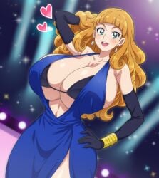 1girls amanogawa_stella arm_behind_head armwear big_breasts black_bra black_gloves blue_dress bra bracelet breasts cleavage dress ear_piercing earrings elbow_gloves female female_only gloves green_eyes hair hand_on_hip heart heart hitokiwa_kenchin huge_breasts large_breasts long_hair mature mature_female mature_woman milf mother orange_hair precure pretty_cure smile solo solo_female