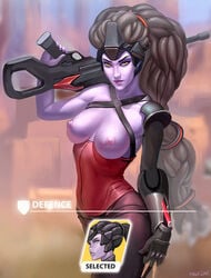 1girls alternate_costume areolae artist_name black_hair breasts curvy erect_nipples female female_only gun head_mounted_display large_breasts lips long_hair looking_at_viewer mavezar nipples noire_widowmaker overwatch solo topless weapon widowmaker yellow_eyes