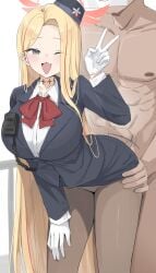 1boy 1girls absurdres blonde_hair blue_archive breasts clothed_female_nude_male commentary commission female gloves halo highres long_hair official_alternate_costume one_eye_closed pantyhose pina_(blue_archive) pina_(guide)_(blue_archive) pixiv_commission sex shengtian straight variant_set white_gloves